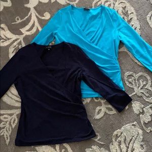2 blue v-neck wrap shirts